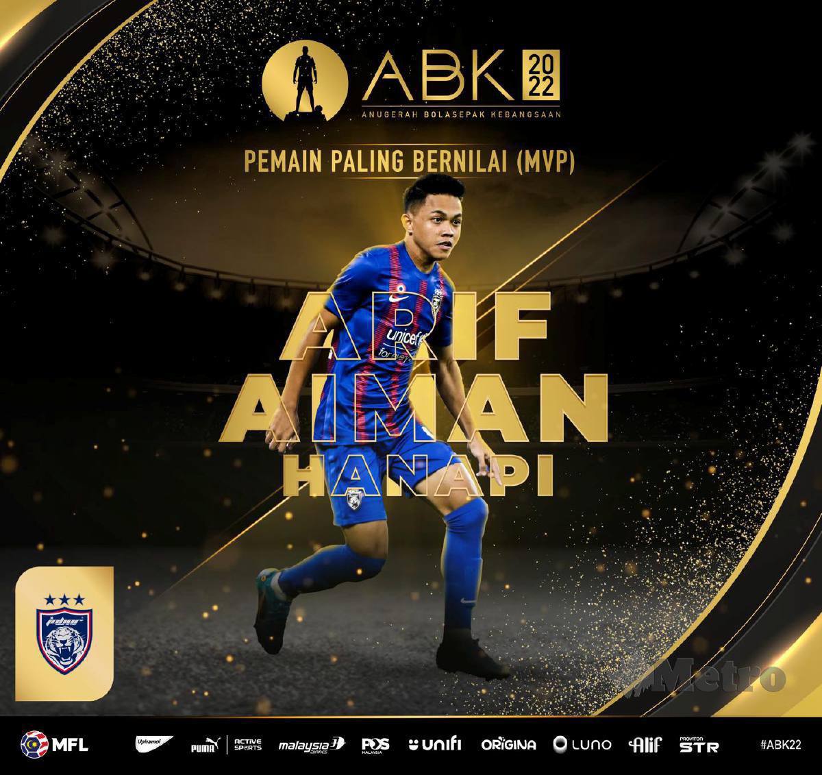 Arif Aiman raih gelaran Pemain Paling Bernilai pada Anugerah Bolasepak Kebangsaan. FOTO Ihsan MFL