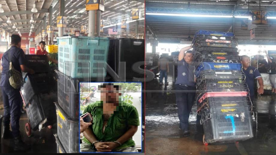 ANGGOTA penguat kuasa DBKL menyita barang jualan peniaga warga Myanmar kerana menjual sayur tanpa lesen di Pasar Borong Selayang, semalam. Peniaga warga Myanmar yang ditahan (gambar kecil). FOTO Ihsan DBKL 