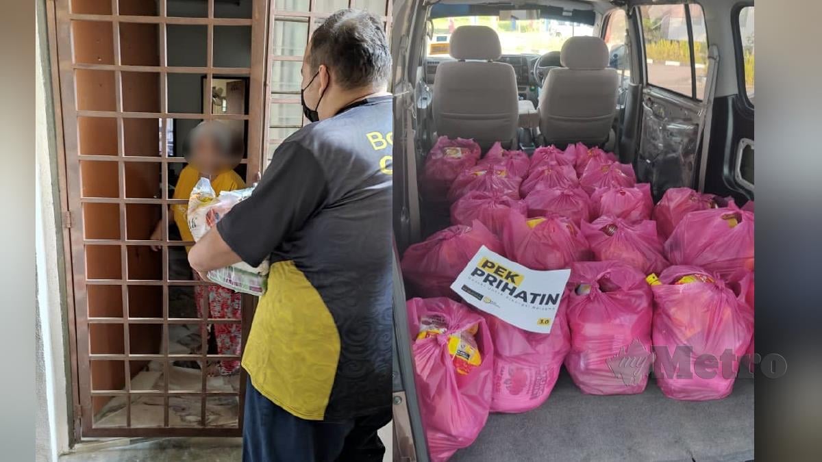 Wakil YEZP menyerahkan bantuan kepada asnaf (kiri) dan barangan keperluan harian yang diagihkan (kanan). FOTO ihsan YEZP