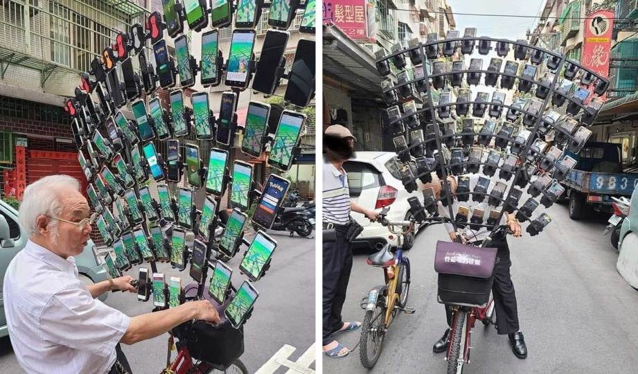 CHEN memasang 64 telefon pintar yang digunakan untuk memburu Pokemon. FOTO Facebook