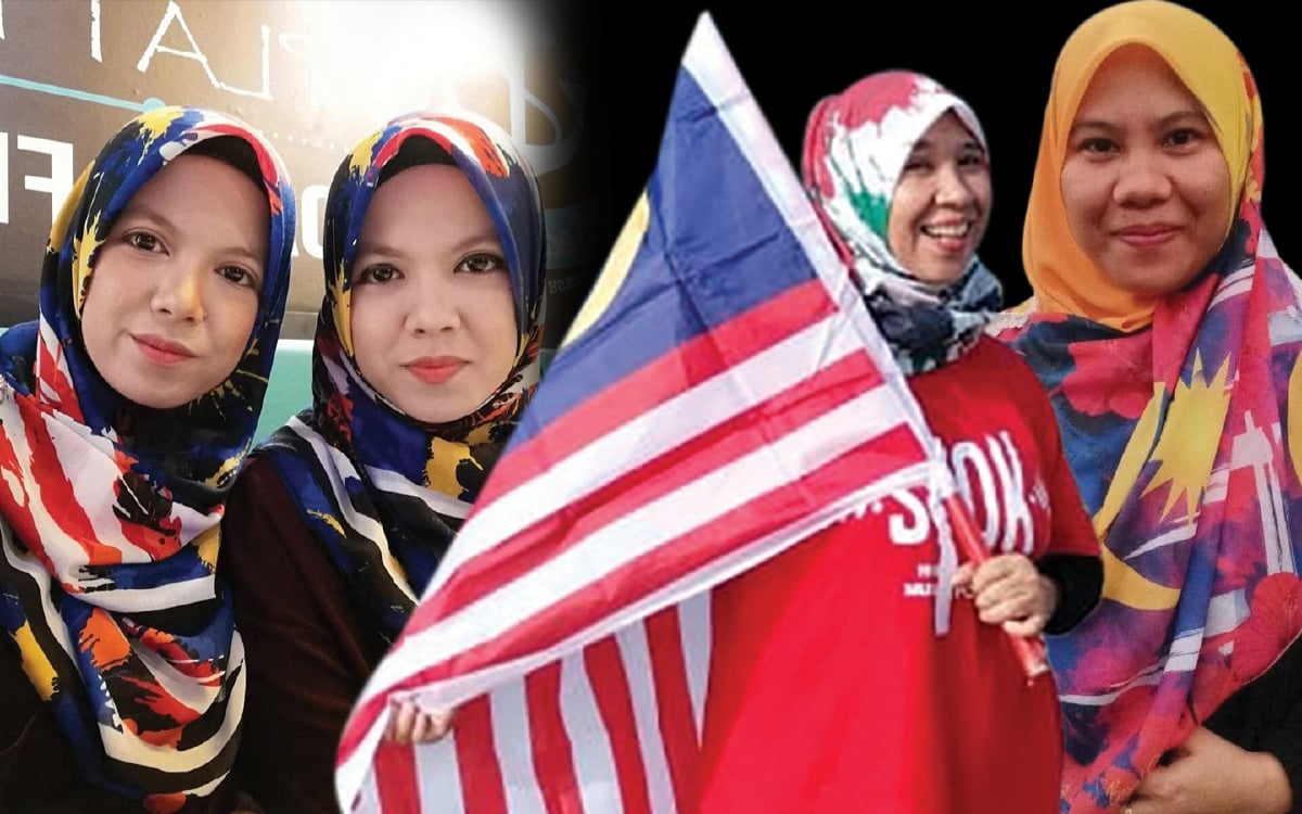 (KIRI SEKALI) NUR Sharini  (kiri) bersama kembarnya, Nur Ain bersyukur dapat meraikan dua hari istimewa serentak bersama seluruh rakyat Malaysia. (TENGAH) SITI Hawa mengakui semangat patriotisme sentiasa menebal dalam dirinya. (KANAN) Siti Aminah.