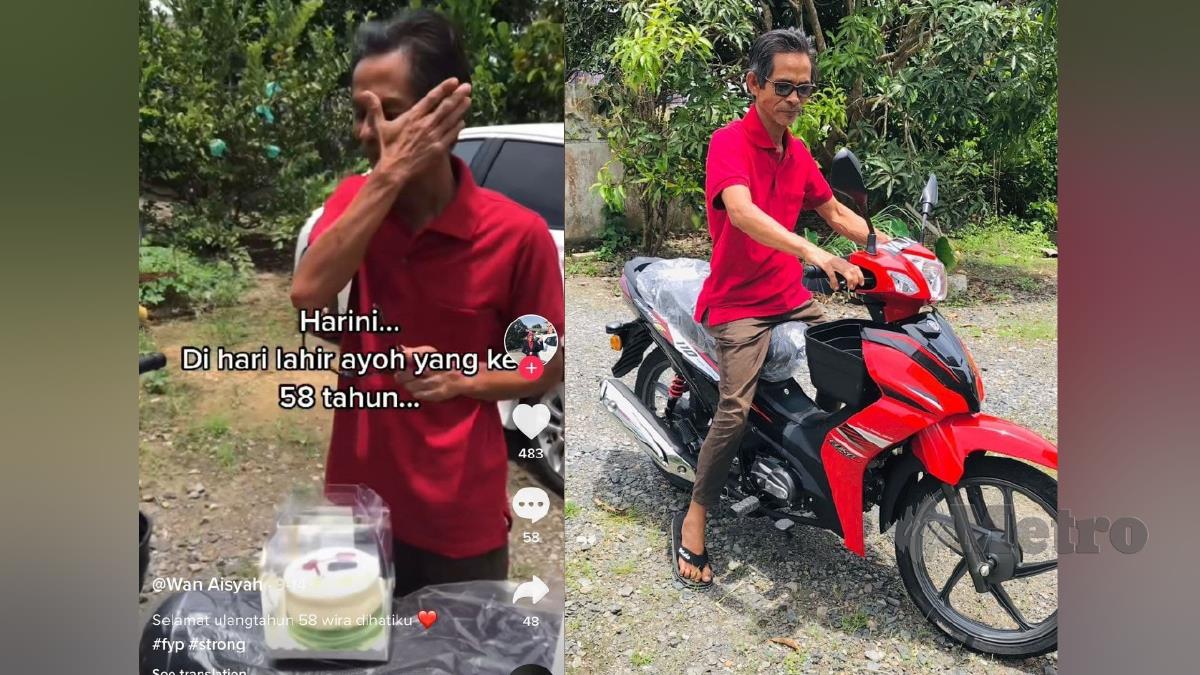 Wan Razali gagal menahan air mata ketika menerima kejutan daripada Wan Nuraisyah (kiri) dan Wan Razali bersama motosikal barunya (kanan). FOTO ihsan Wan Nuraisyah 