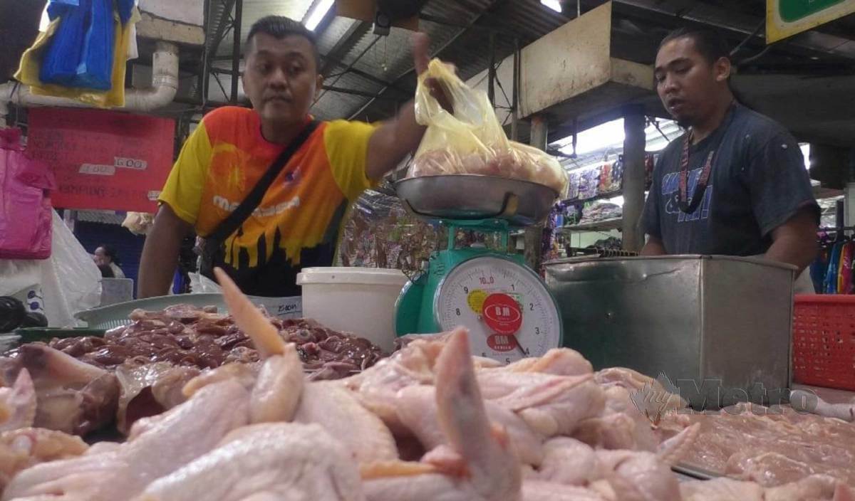 PENIAGA ayam di Pasar Awam Pulau Tikus terpaksa menjual ayam pada harga RM11 sekilogram susulan kenaikan harga yang dikenakan pemborong. FOTO Zuhainy Zulkiffli