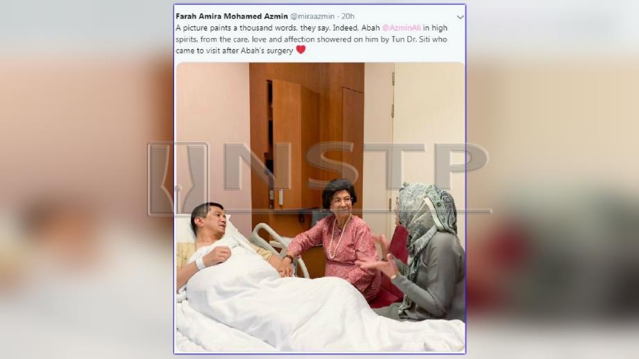 Dr Siti Hasmah melawat Mohamed Azmin di sebuah hospital semalam. FOTO Twitter Farah Amira Mohamed Azmin