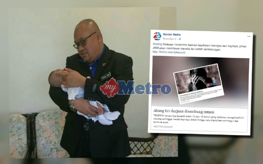Shamsul Izrin menggendong bayi untuk diserahkan kepada keluarga yang mendapat hak penjagaan bayi lelaki berusia 41 hari. FOTO Ihsan JKM Baling