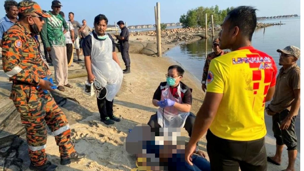 LELAKI ditemukan lemas selepas tergelincir  ketika mancing di Pantai Bagan Lalang,Sepang semalam. FOTO Ihsan JBPM.