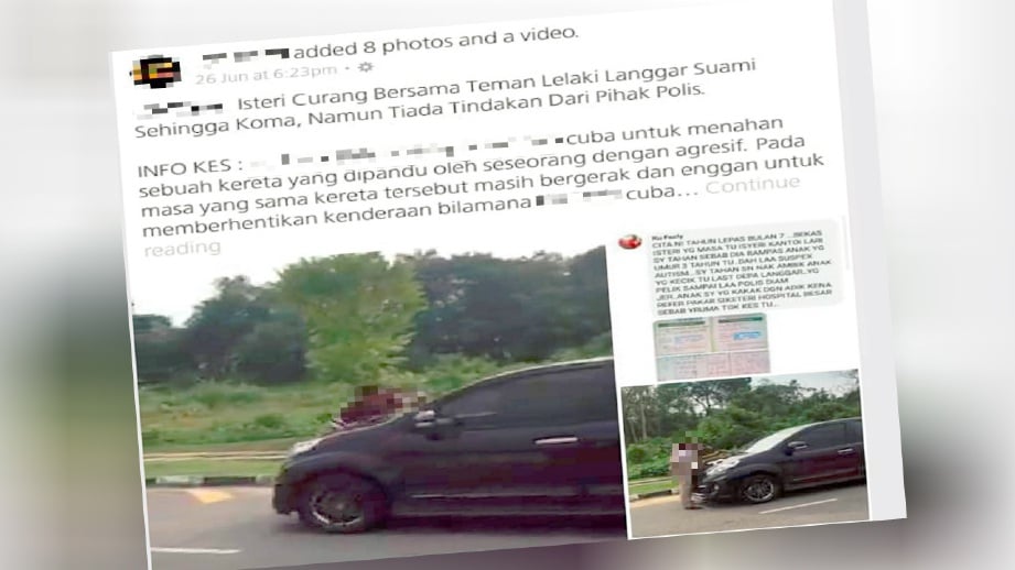 LAMAN sosial Facebook memaparkan kejadian seorang suami dilanggar kereta yang dinaiki isteri pertama yang tular sejak dua hari lalu.
