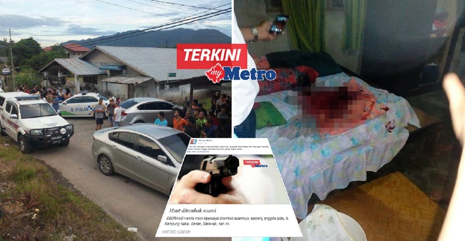 Polis melakukan siasatan di lokasi anggota polis menembak mati isterinya di Kampung Kakai, Serian, Sarawak. - Foto IHSAN PDRM