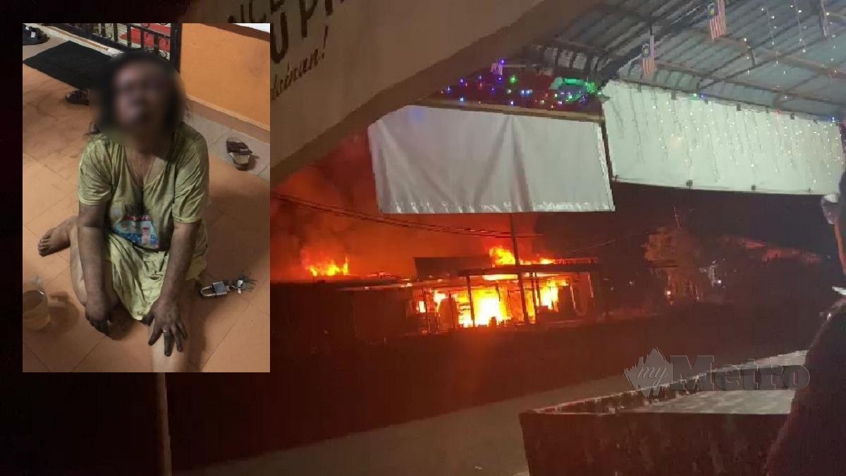 Api sedang marak di kedai runcit yang dibakar perompak dan (gambar kecil) wanita warga Indonesia yang cedera dipukul suspek. FOTO ihsan JBPM