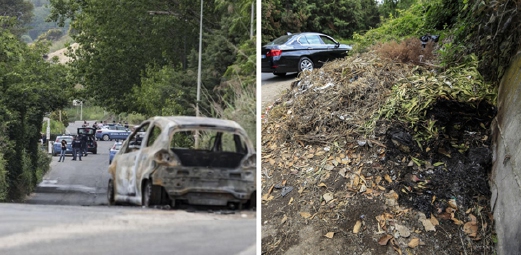 Kereta mangsa yang hangus terbakar dan kanan, lokasi mangsa mati dibakar. - Foto media Itali