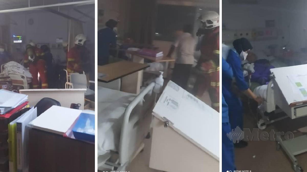 Kakitangan hospital di Klang dan anggota bomba membantu memindahkan pesakit berikutan dua wad terbakar pada malam tadi. Foto Ihsan JBPM 
