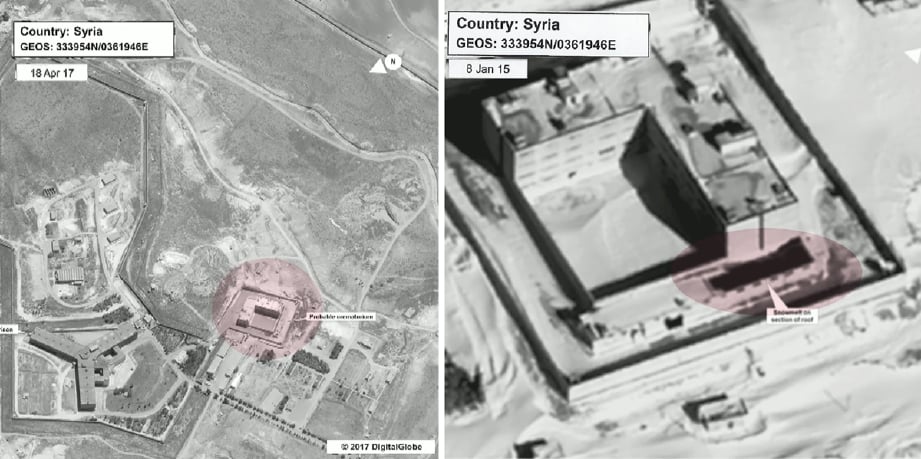 Gambar satelit daripada Jabatan Negara Amerika dan DigitalGlobe menunjukkan bangunan disyaki tempat pembakar mayat di Kompleks Penjara Saydnaya, dekat Damsyik, Syria. - Foto via AFP/EPA