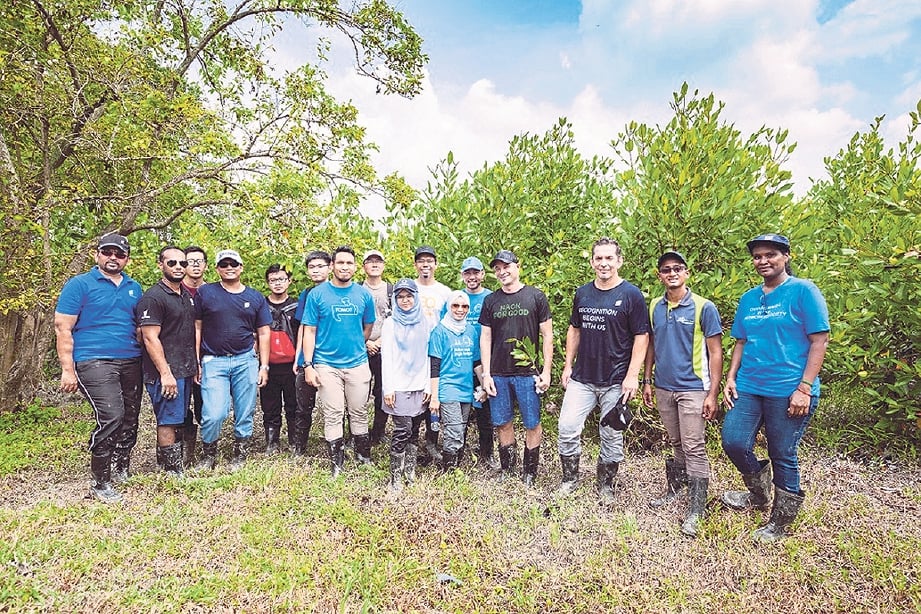 SUKARELAWAN menyertai projek penanaman anak pokok bakau.