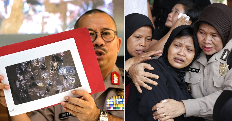 Jurucakap polis Indonesia, Setyo Wasisto, menunjukkan gambar bahan bukti yang ditemui di tempat kejadian (Foto REUTERS) dan kanan, ibu anggota polis Gilang Adinata yang terbunuh dalam letupan bom di Kampung Melayu, Jakarta Timur, ditenangkan ahli keluarga (Foto EPA).