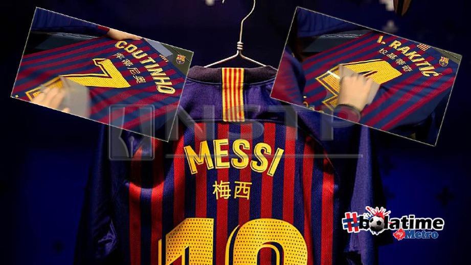 Nama Messi, Coutinho dan Rakitic dengan terjemahan bahasa Cina. FOTO Twitter Barcelona