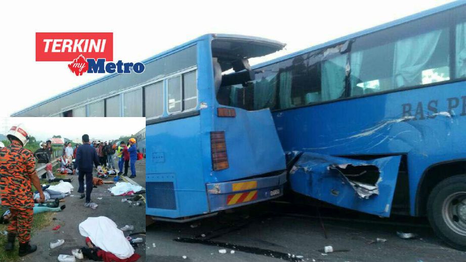 Keadaan dua bas kilang yang terbabit kemalangan hingga mengorbankan lapan nyawa awal pagi tadi.