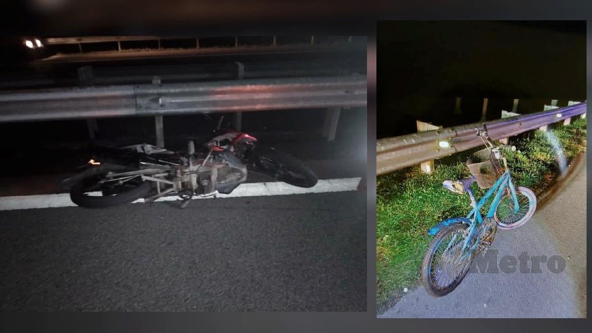 PENUNGGANG motosikal terjatuh selepas bergesel dengan basikal yang ditunggang di lebuh raya. FOTO ihsan polis