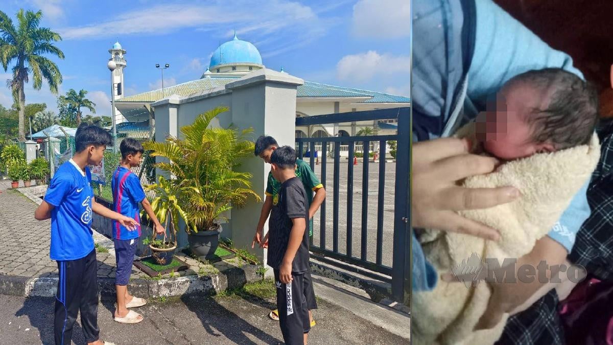 BAYI perempuan ditinggalkan di hadapan pintu pagar Masjid An-Nur Taman Cendana, Pasir Gudang diselamatkan pelajar sekolah Sabtu lalu. FOTO Mary Victoria Dass