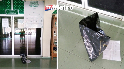 Beg plastik mengandungi mayat bayi lelaki yang ditinggalkan dalam masjid Kampung Expo Kamunting, Taiping, pagi tadi. - Foto NOR RAIDAH AWANG