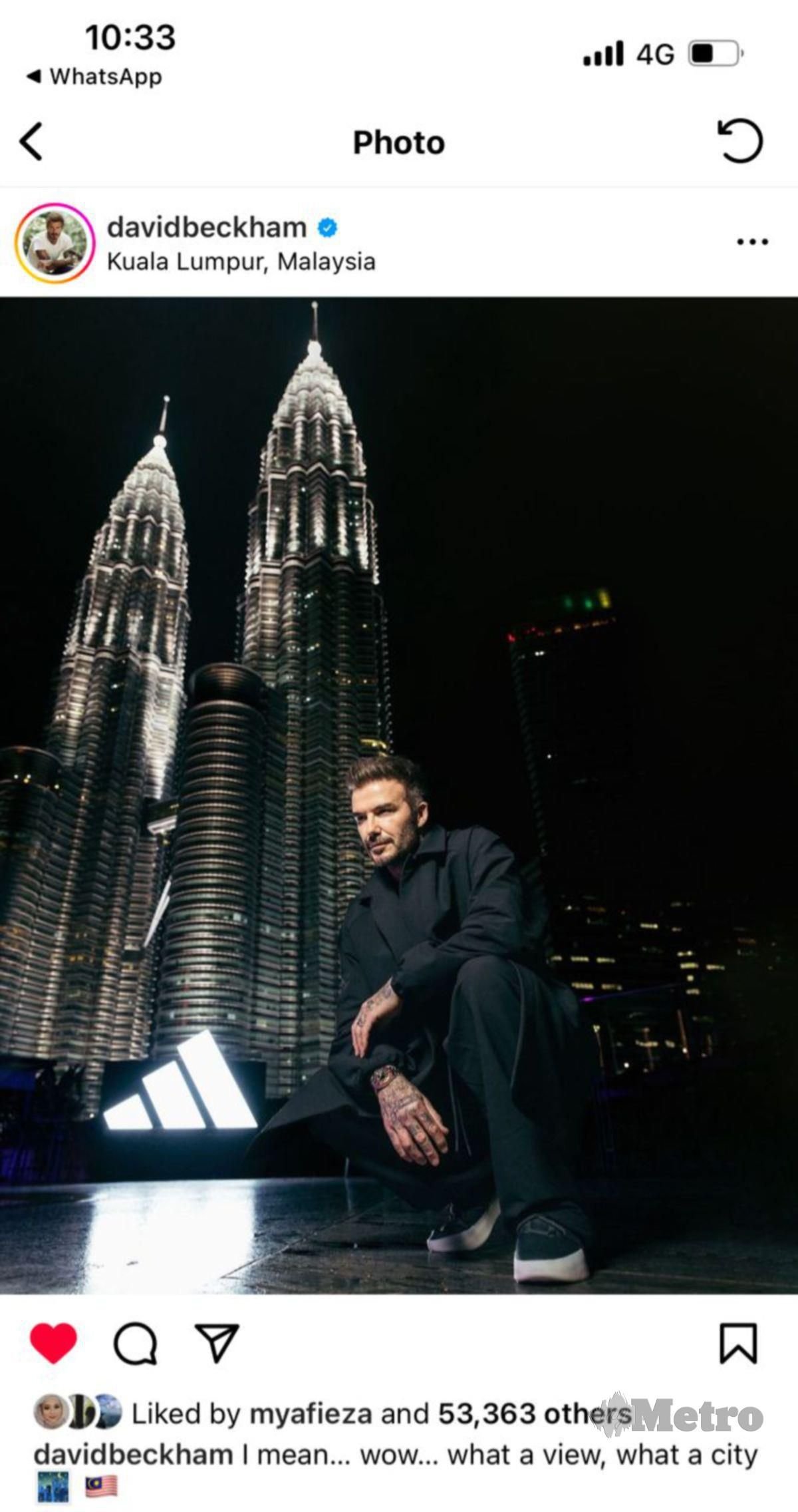 BECKHAM memuat naik gambar dengan latar belakang Menara Berkembar Petronas di media sosialnya.