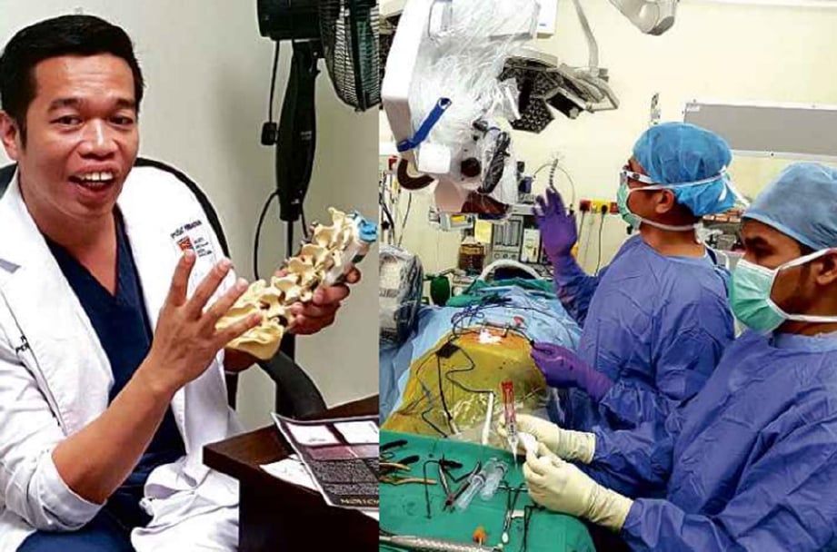 DR Mohd Hisam (dua dari kanan) bersama pasukannya menjalankan pembedahan tulang belakang kurang invasif dengan bantuan Sistem Visualisasi Robotik KINEVO 900.