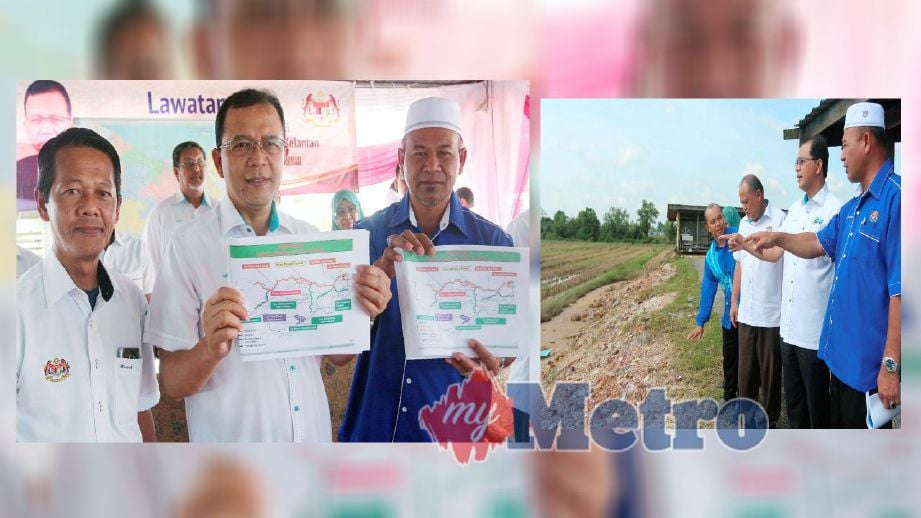 Timbalan Menteri Sumber Asli dan Alam Sekitar Datuk Ir Dr Hamim Samuri (gambar kanan, dua dari kanan) meninjau kawasan sawah padi yang kerap dilanda banjir. FOTO Faris Zainuldin.