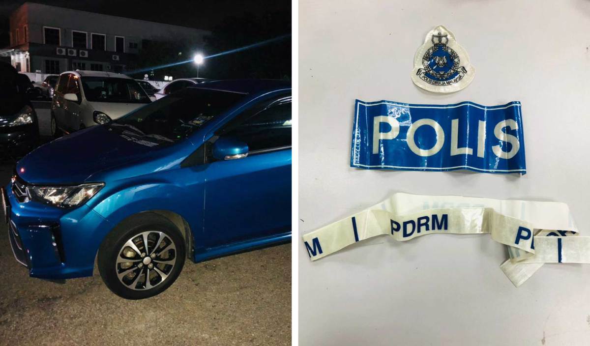 POLIS merampas sebuah kereta Perodua Bezza dan plastik yang tertera logo dan tulisan Polis Diraja Malaysia (PDRM) ketika membuat tangkapan ke atas tiga lelaki yang menyamar polis untuk melakukan kegiatan pemerasan dan rompakan dalam daerah Seberang Perai Utara. FOTO Ihsan PDRM
