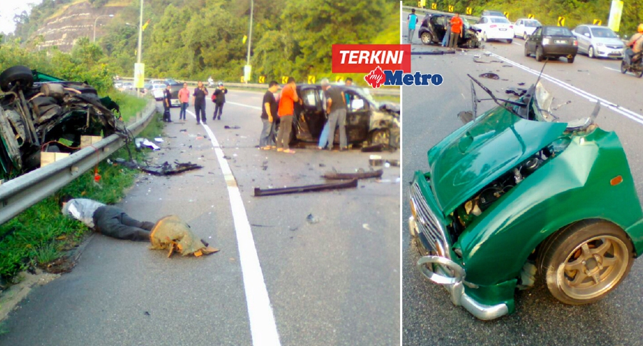Keadaan dua kereta yang terbabit dalam kemalangan di Jalan Seremban-Kuala Pilah berhampiran Bukit Putus, pagi ini. - Foto Ihsan Pembaca