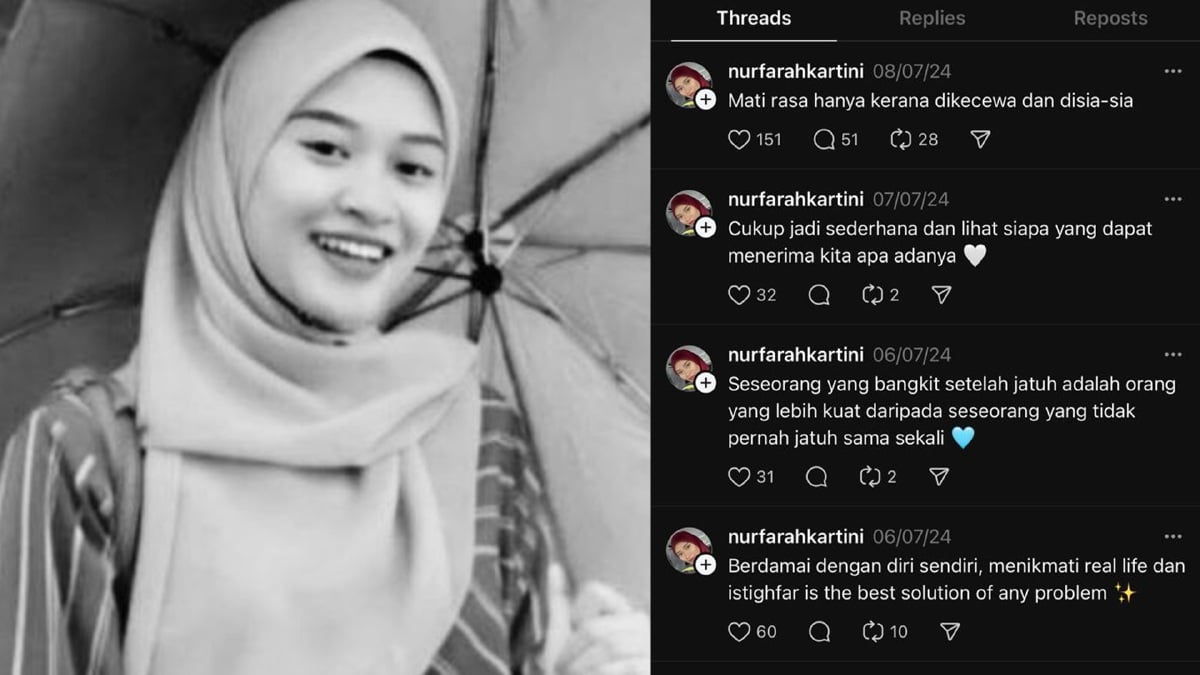 BAIT-BAIT kata ini adalah antara ungkapan terakhir yang diluahkan Allahyarham Nur Farah Kartini menerusi media sosial dua hari sebelum dia dilaporkan hilang.