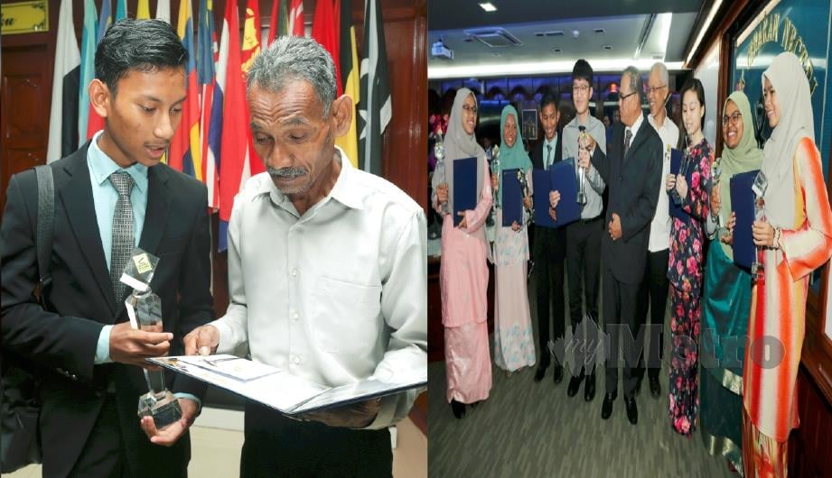 (gambar kiri) Abdul Manaf bersama bapanya, Abdul Aziz Osman. (gambar kanan) Wan Rosdy (lima dari kiri) bersama tujuh pelajar terpilih menerima Biasiswa Kecemerlangan Menteri Besar Pahang (BKMB) di Wisma Sri Pahang. FOTO Zulkepli Osman.