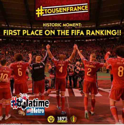 Pemain Belgium meraikan kejayaan menewaskan Israel 3-1 di hadapan penyokong dan melonjak ranking pertama FIFA. -Pix Instagram BRD