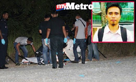 Anggota polis melakukan pemeriksaan di lokasi mayat  Mohd Ali Baba (gambar kecil) ditemui berhampiran semak di Jalan Teluk Likas, Kota Kinabalu. - Foto MOHD ADAM ARININ