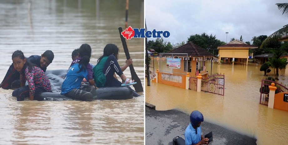 Kanak- kanak di Kampung Batu 13, Hulu Besut, bermain air banjir yang melanda kampung mereka dan kanan, keadaan Sekolah kebangsaan Kampung Buluh, Setiu, yang ditenggelami air.  - Foto ROZAINAH ZAKARIA/ MOHD SYAFIQ RIDZUAN AMBAK 