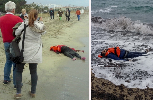 Orang ramai merakam gambar mayat pelarian yang ditemui terdampar di pantai peranginan Ayvalik, Turki, dan gambar kanan, antara mayat lain yang ditemui. - Foto  REUTERS