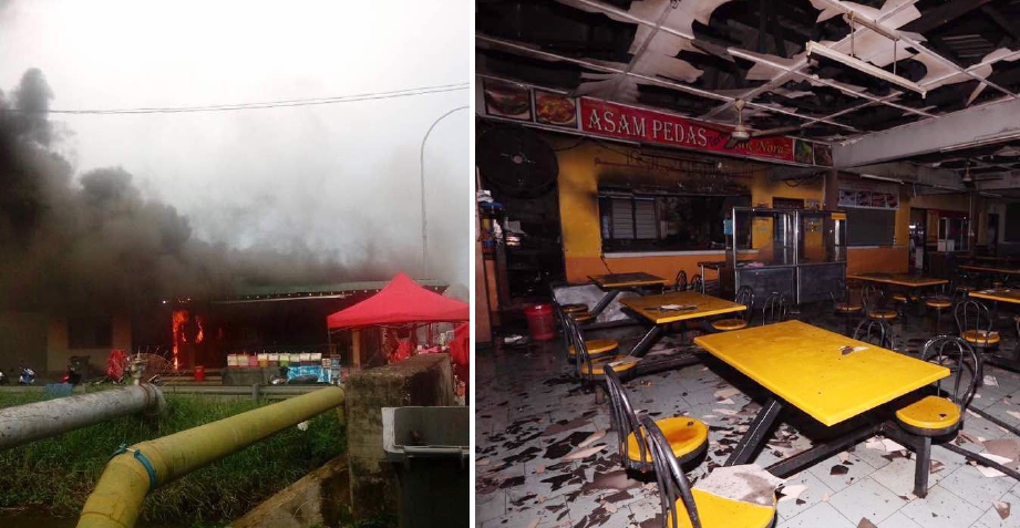 Keadaan gerai di Medan Selera Semabok, Melaka Tengah, yang terbakar. - Foto RASUL AZLI SAMAD