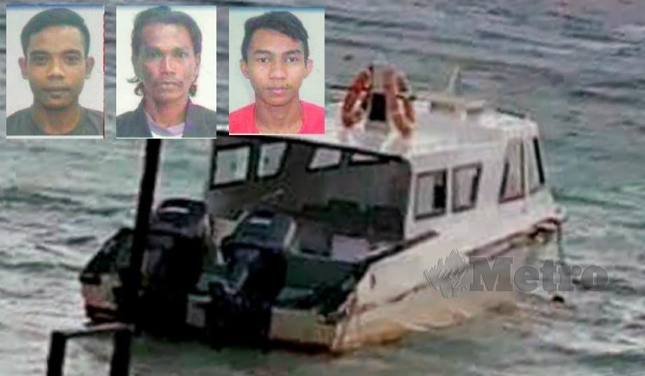 BOT membawa tiga mangsa ke Pulau Tenggol sebelum mereka dilaporkan hilang. (Gambar kecil, dari kiri) Muhammad Firdaus, Fauzi dan Mohamad Hafiz yang dilaporkan hilang. FOTO Rosli Ilham. 