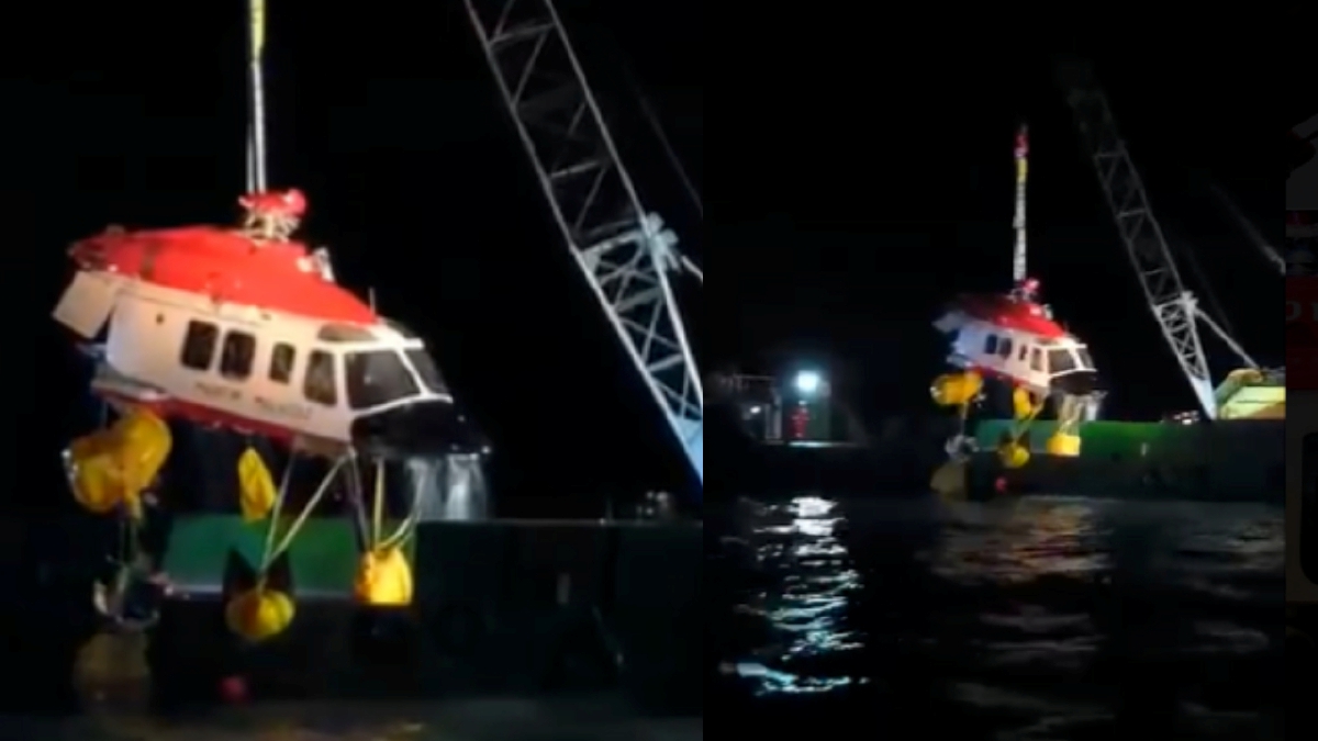 HELIKOPTER AW139 milik APMM yang terhempas di Perairan Pulau Angsa, Klang semalam berjaya dibawa naik jam 12.15 tengah malam tadi. FOTO Ihsan APMM