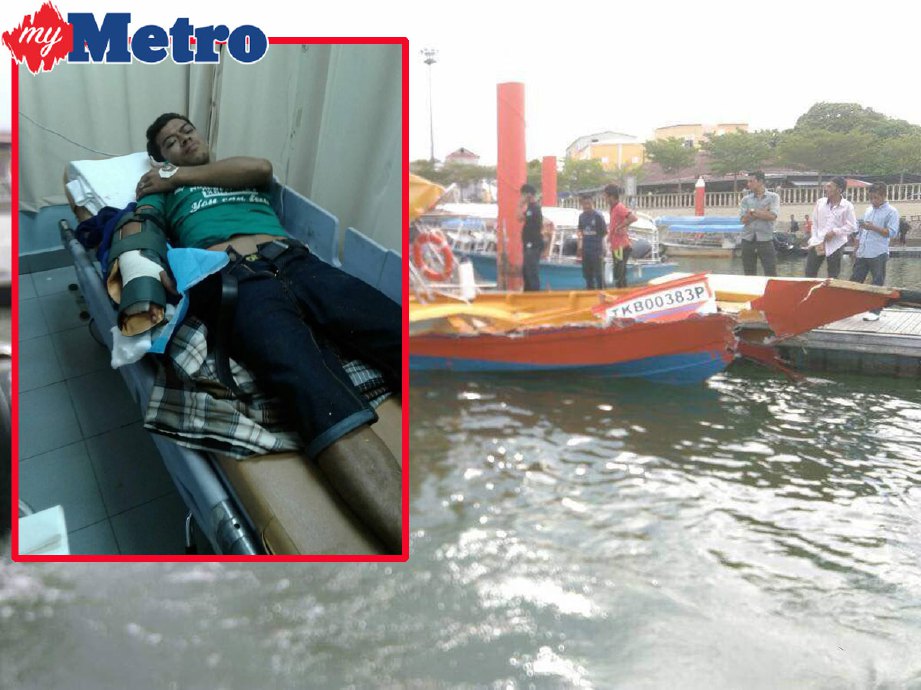 Mangsa dirawat di Hospital Besut selepas putus dua jari kanan tangan selepas bot pelancong dinaikinya berlanggar dengan bot nelayan di muara Kuala Besut, petang semalam. FOTO ihsan PDRM