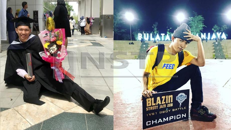GAYA Mohd Firdaus ketika majlis konvokesyennya pada Sabtu lalu. (Gambar kanan) Mohd Firdaus bersama hadiah dimenangi dalam pertandingan break dance.