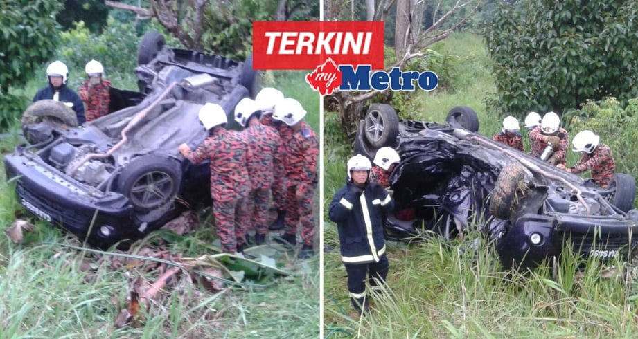 Keadaan kereta yang terbabit dalam kemalangan dekat  Kampung Sibuluh, Bau, Sarawak, hari ini. - Foto IHSAN BOMBA