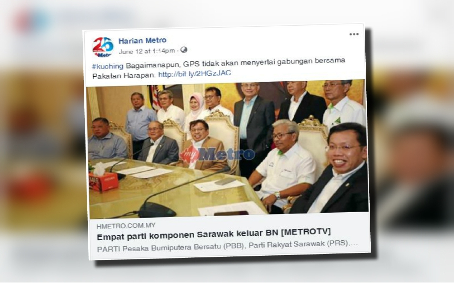 Keratan laporan Harian Metro membabitkan pembubaran BN Sarawak baru-baru ini.