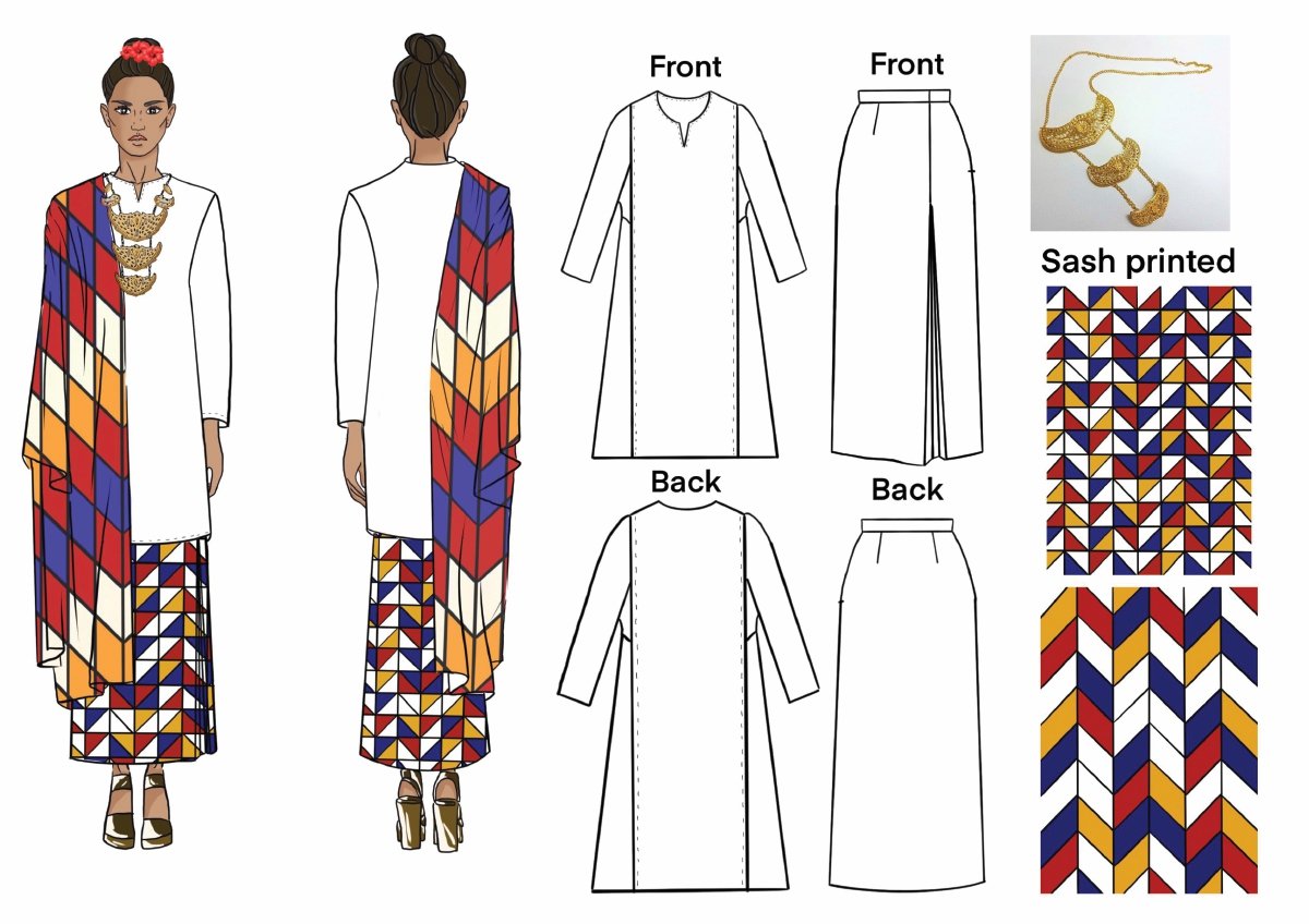 IDEA awal Baju Kurung Pesak (Kurung Pahang) beserta selendang motif geometrik juga disuai padan untuk percambahan idea.