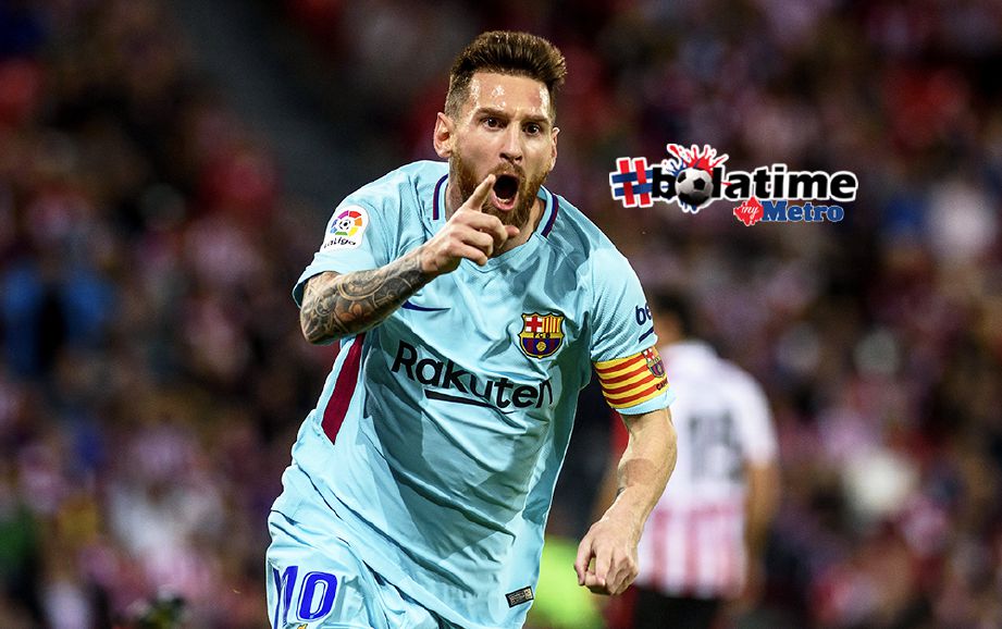 PENYERANG Barca, Lionel Messi ketika meraikan kejayaan menjaringkan gol pertama ketika menentang Athletic Bilbao. FOTO/AFP   