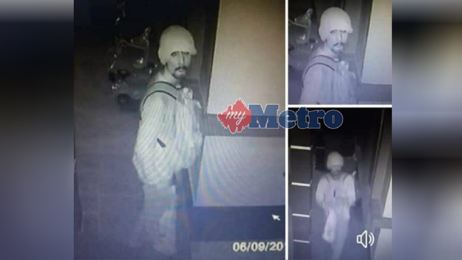 RAKAMAN CCTV menunjukkan kelibat lelaki dipercayai terbabit dalam dua kejadian pecah rumah pada 6 September lalu di Selandar, Jasin dan kini diburu polis. FOTO ihsan pembaca. 