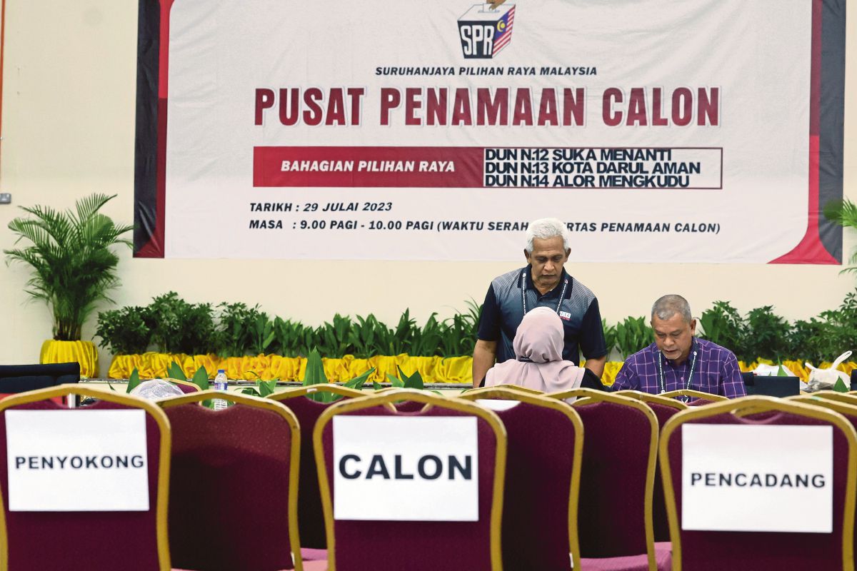 PETUGAS Suruhanjaya Pilihan Raya (SPR) membuat persiapan akhir menjelang Hari Penamaan Calon Pilihan Raya Negeri (PRN) ke-15 di Pusat Penamaan Calon di Dewan Kompleks Belia dan Sukan Negeri Kedah, hari ini. FOTO BERNAMA 