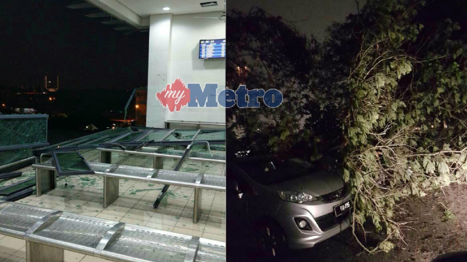 CERMIN ruang menunggu di Stesen KTMB Bukit Mertajam pecah manakala (gambar kanan) pokok tumbang menghempap kereta di Jalan Permatang Pauh akibat ribut dan hujan lebat, malam tadi. FOTO ihsan polis.