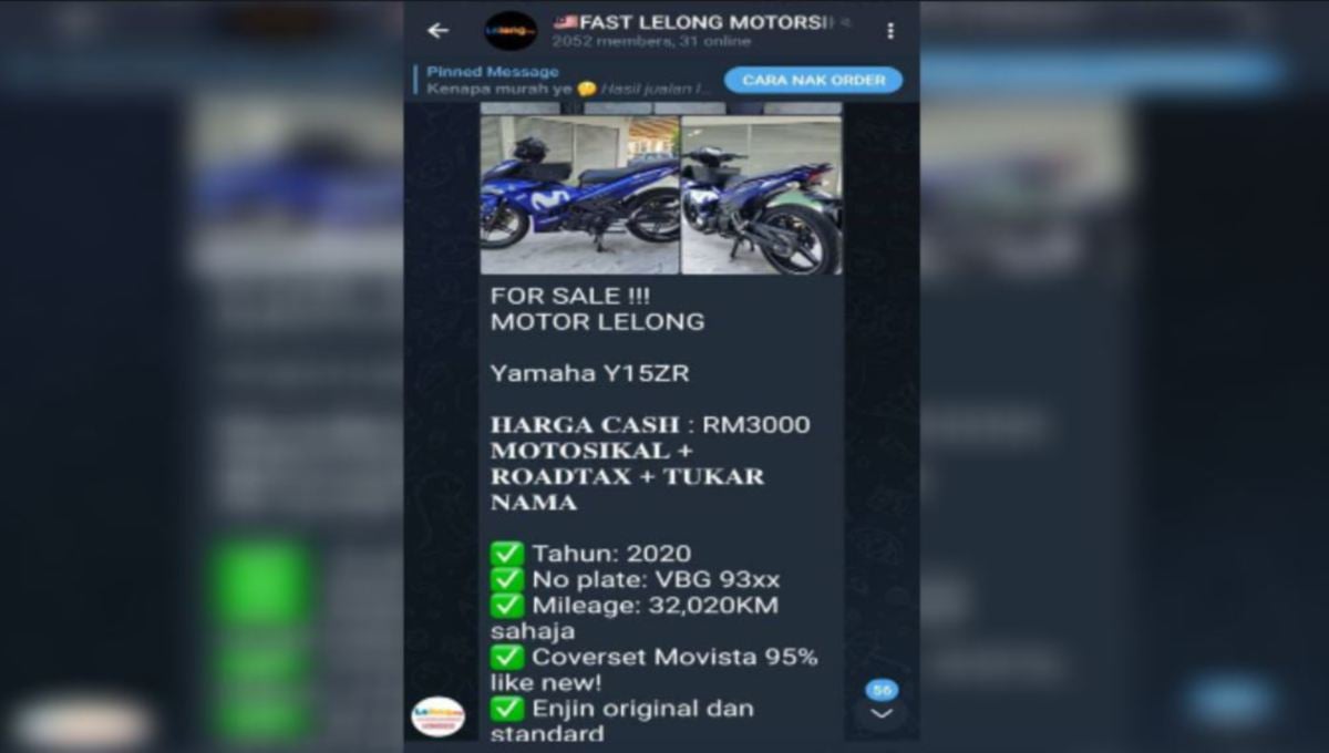 IKLAN jualan leleong motosikal di dalam aplikasi Telegram. FOTO Ihsan pembaca.