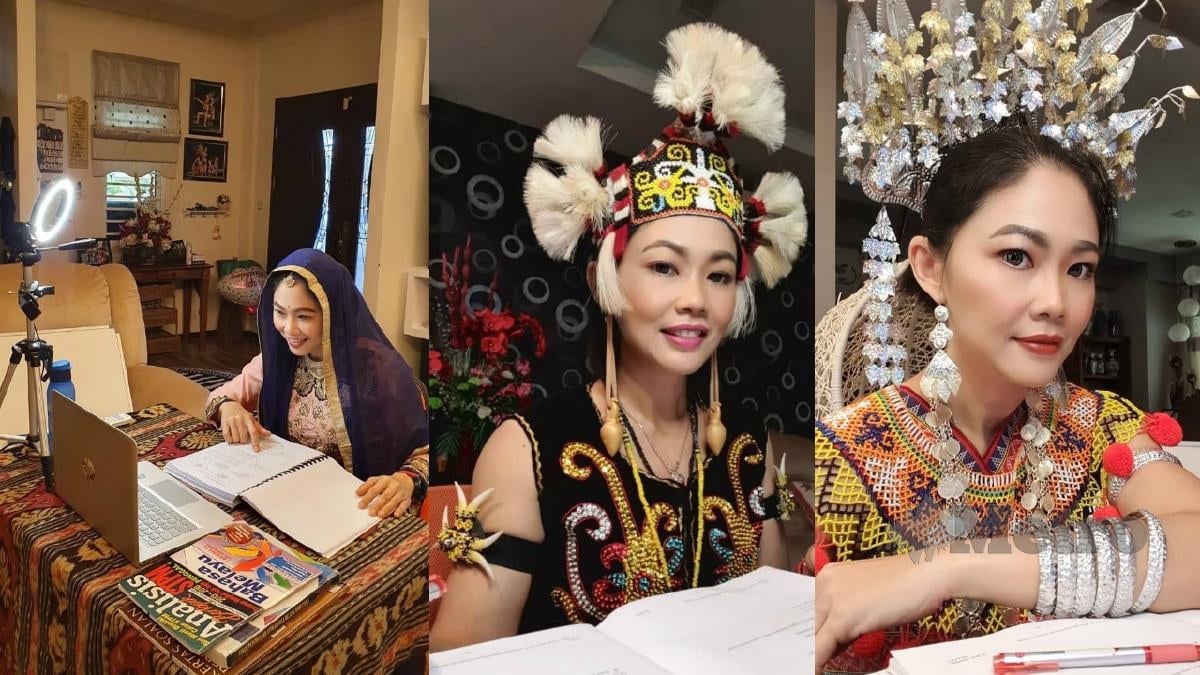 Nancy ketika mengajar secara PdP sambil mengenakan sari dan pakaian tradisional etnik Sarawak. Foto Ihsan Nancy Thomas