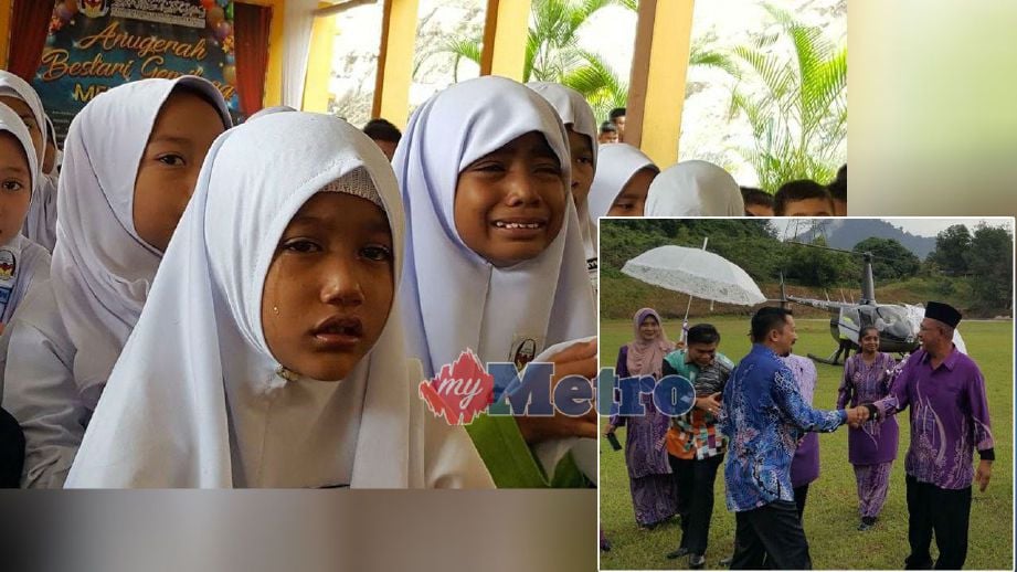 Siti Nuraishah dan Nur Farisya Aliana (kanan) tidak dapat menahan sebak ketika mendengar ucapan ucapan terakhir guru berar mereka. (Gambar kanan) Azmi (kanan) disambut rakan sejurus tiba dengan helikopter. FOTO Hamzah Osman 