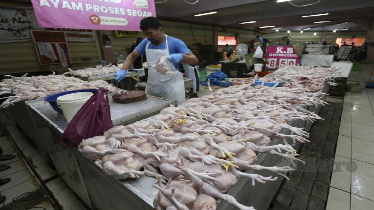 Peniaga, Marzuki Hashim, 49 memotong ayam yang ditempah pelanggannya di Pasar Siti Khadijah. FOTO NIK ABDULLAH NIK OMAR